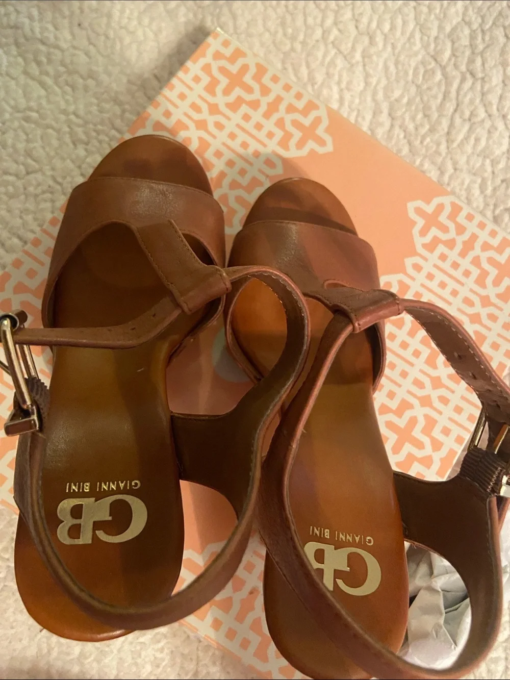 Gianni Bini Brown Platform T-Strap Sandals with Gold Buckle